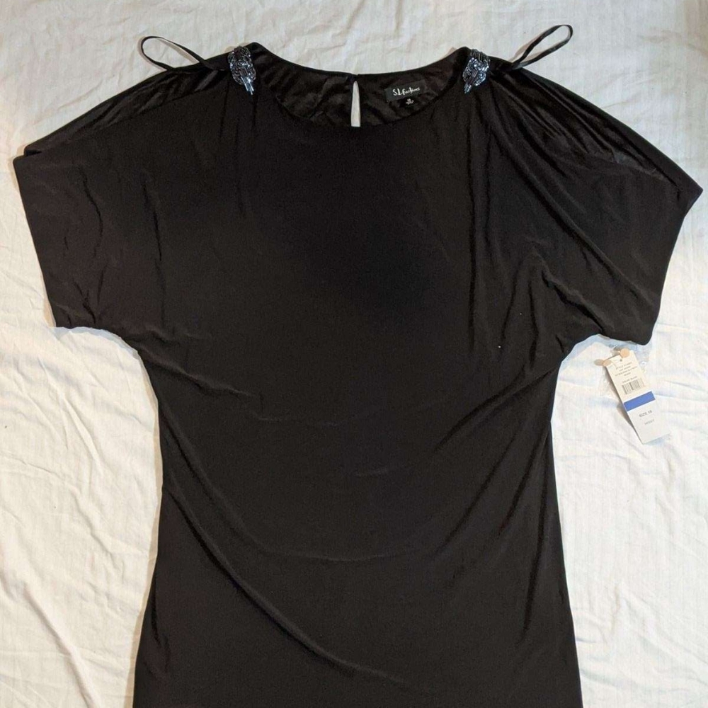 S.L.Fashions Woman Sheath Dress Cold Shoulder Black bead embellishments Size 18